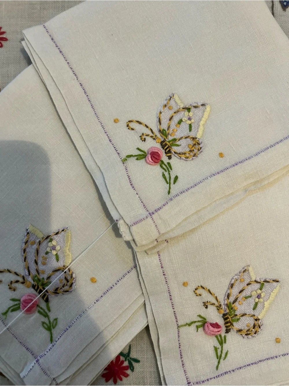 Vintage Embroidered Butterfly Linen Napkins purple stitch trim